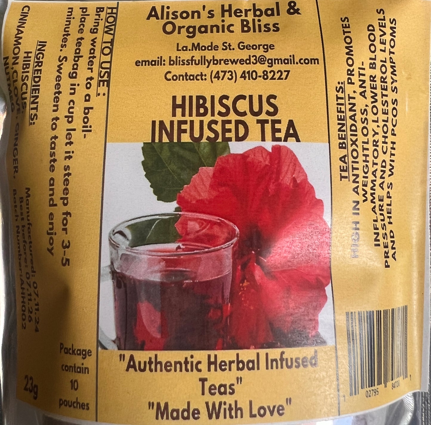 Alison's Herbal Hibiscus,Cinnamon, Nutmeg, Clove, Ginger tea